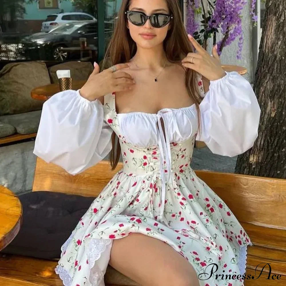 Printed Off-shoulder Lantern Charming Sleeve Flare Mini Dress image 31