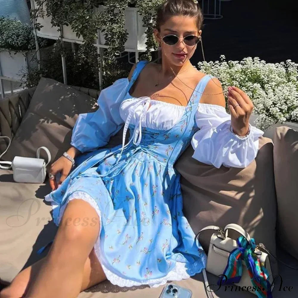 Printed Off-shoulder Lantern Charming Sleeve Flare Mini Dress image 15