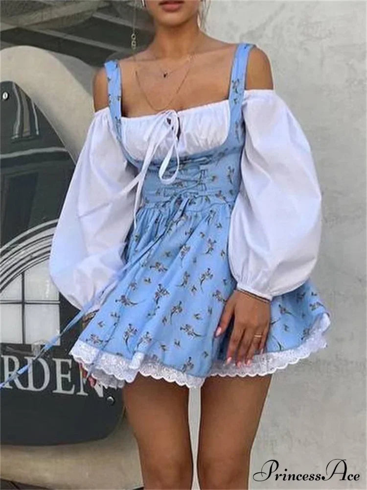Printed Off-shoulder Lantern Charming Sleeve Flare Mini Dress image 6