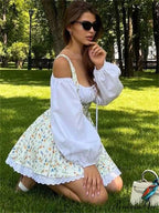 Printed Off-shoulder Lantern Charming Sleeve Flare Mini Dress image 4