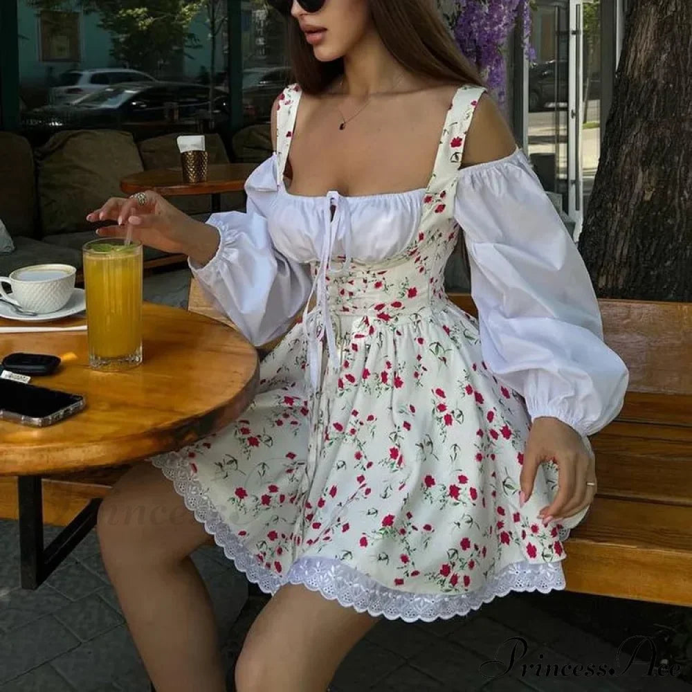 Printed Off-shoulder Lantern Charming Sleeve Flare Mini Dress image 30