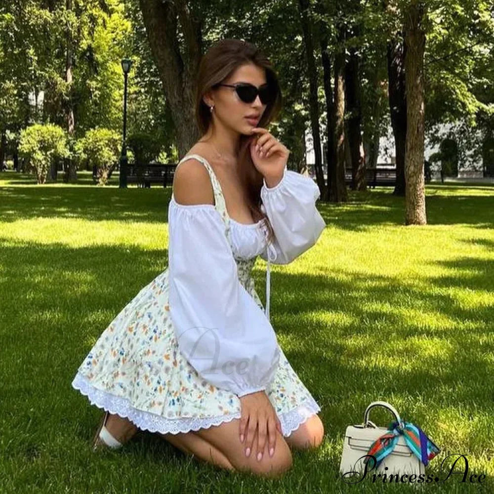 Printed Off-shoulder Lantern Charming Sleeve Flare Mini Dress image 21