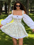 Printed Off-shoulder Lantern Charming Sleeve Flare Mini Dress image 1