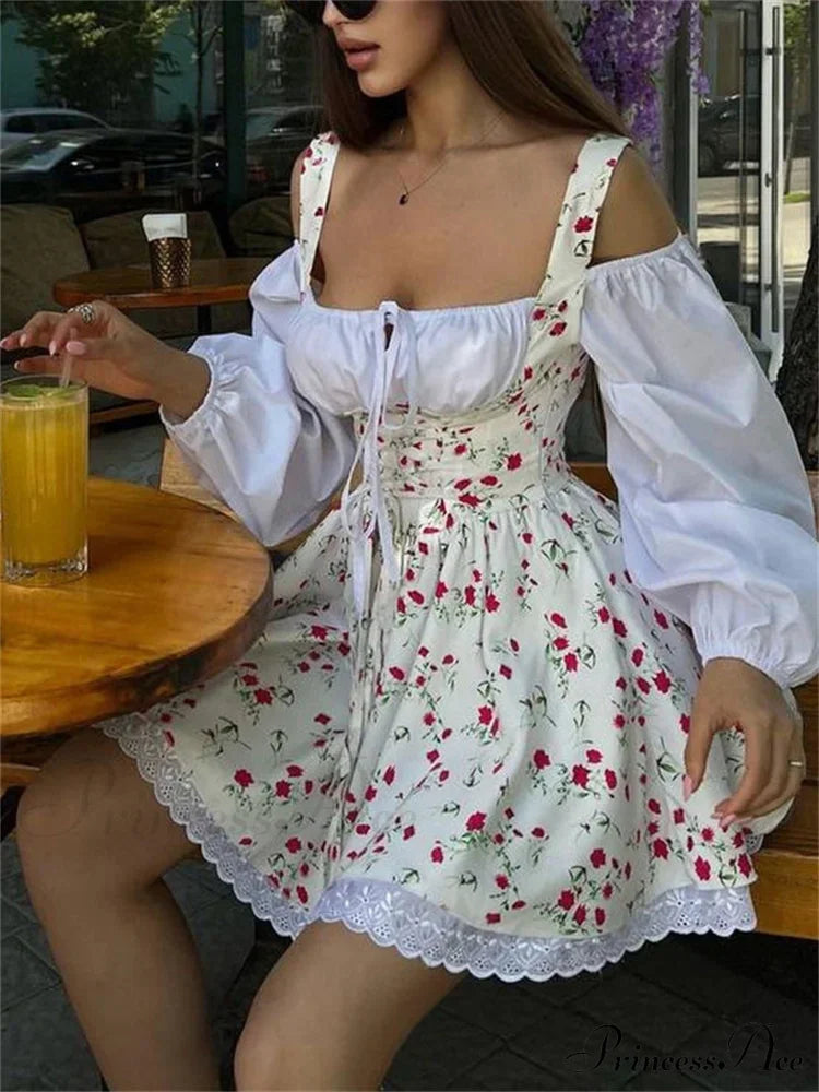 Printed Off-shoulder Lantern Charming Sleeve Flare Mini Dress image 9