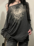 Printed Off-Shoulder Sweatshirt Vintage Loose Long Sleeve Pullover Sweater image 2
