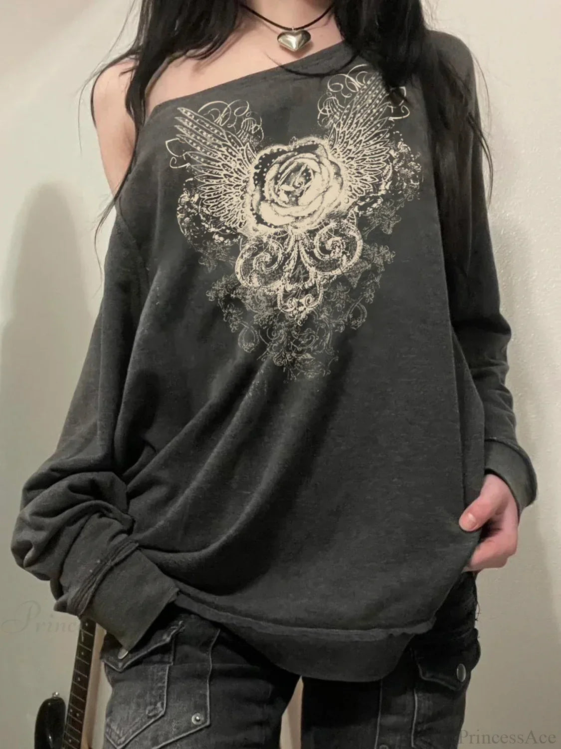 Printed Off-Shoulder Sweatshirt Vintage Loose Long Sleeve Pullover Sweater image 2