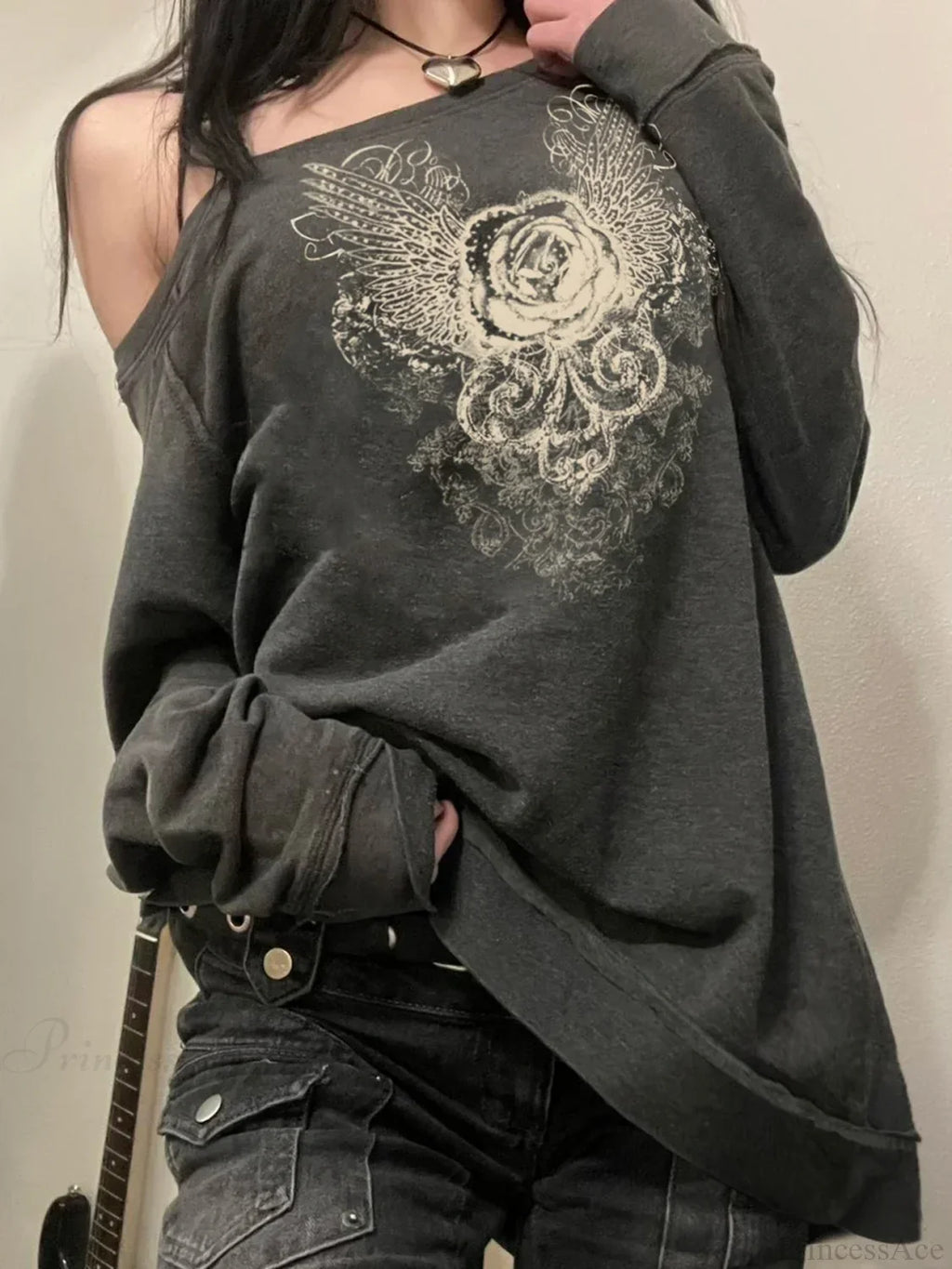 Printed Off-Shoulder Sweatshirt Vintage Loose Long Sleeve Pullover Sweater image 1