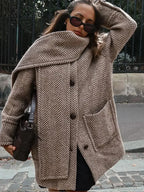 Printed Scarf Collar Woolen Coat image 1