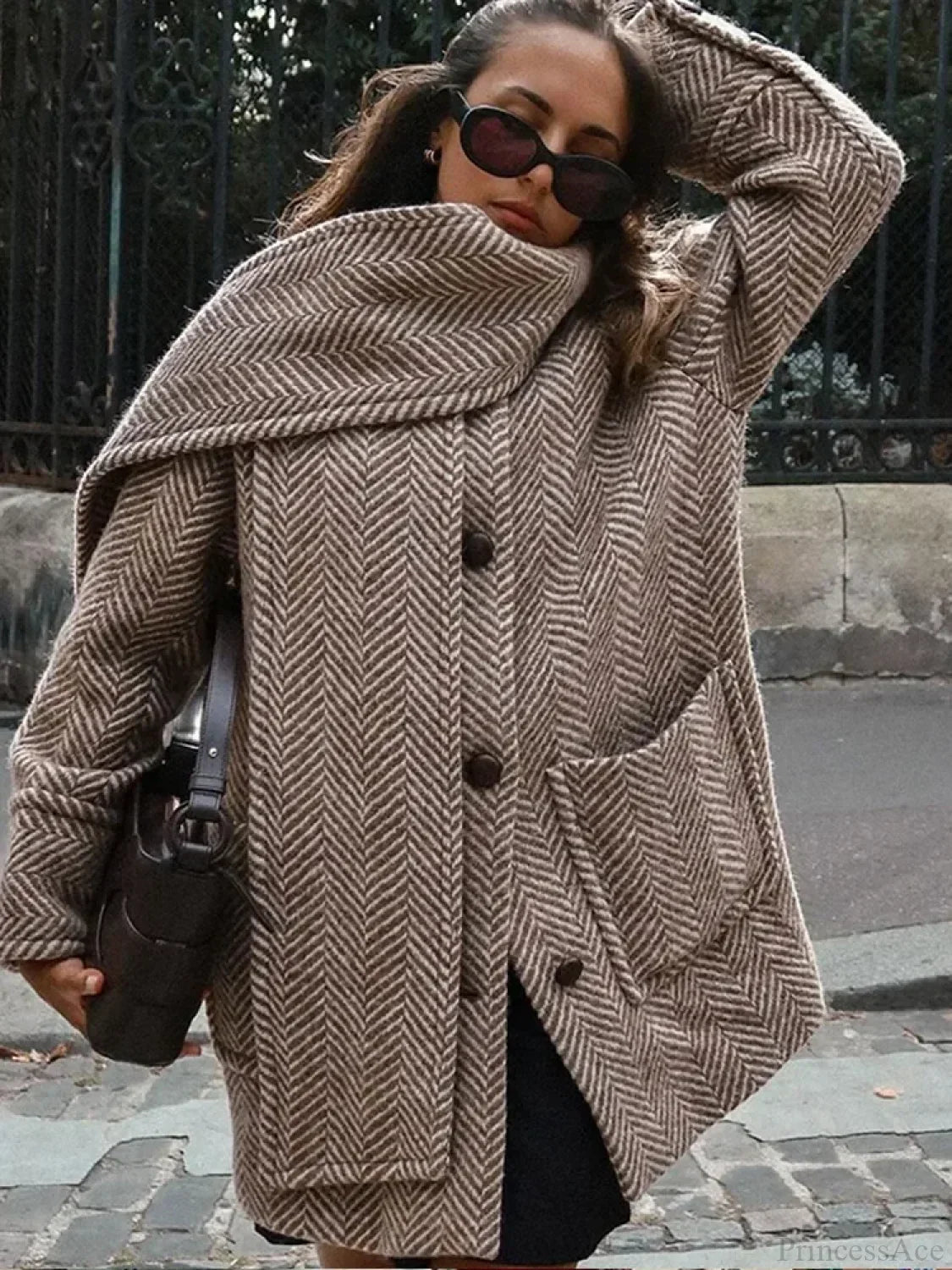Printed Scarf Collar Woolen Coat image 1