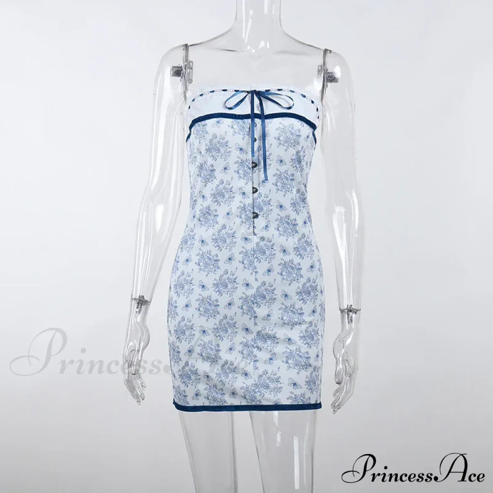 Printed Vacation Off-Shoulder Blue Metal Button Spring Elegant Outside Female Mini Floral Dress image 3
