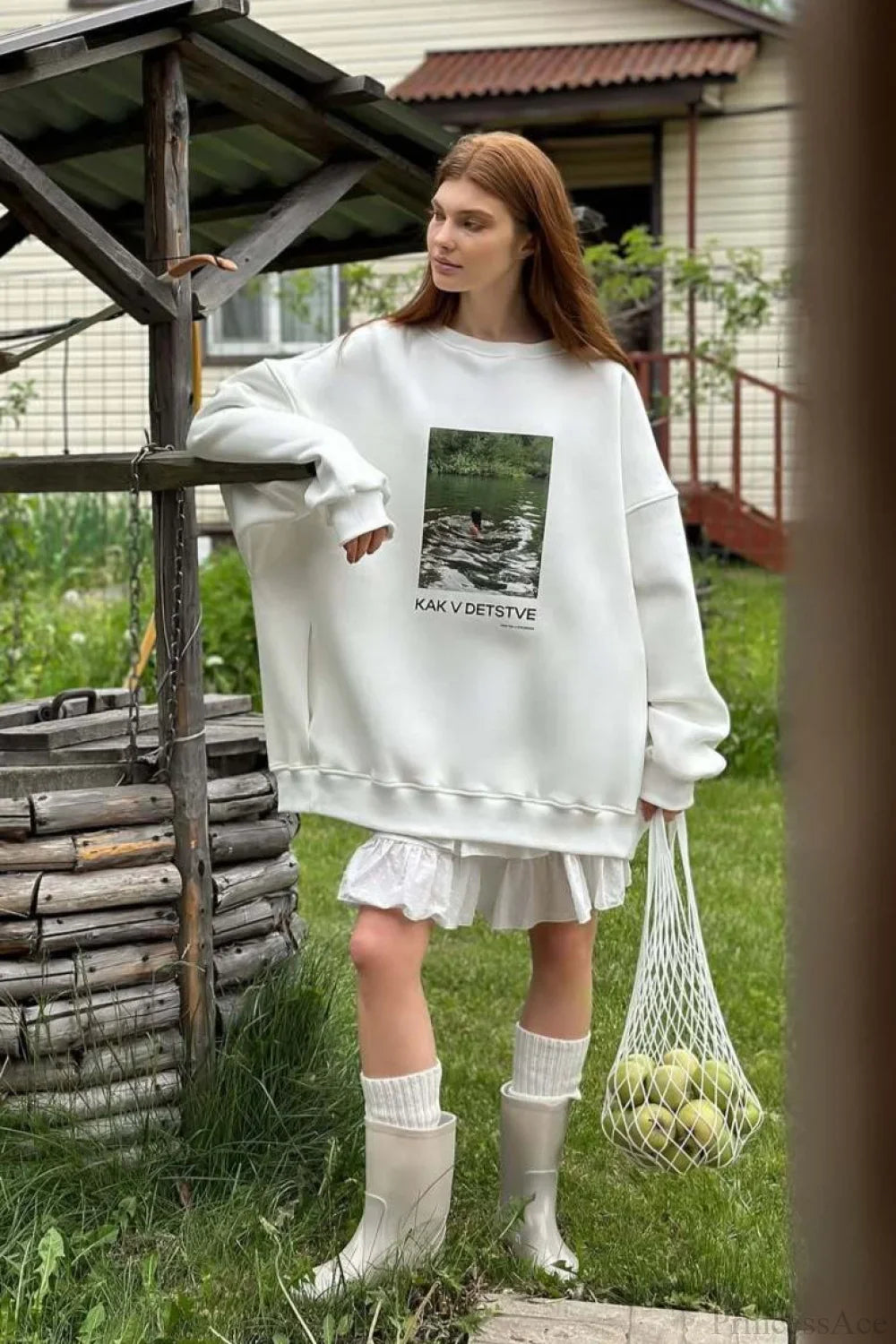 Printed White Loose Casual Crew Neck Pullover Sweatshirt image 4