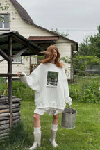 Printed White Loose Casual Crew Neck Pullover Sweatshirt image 2
