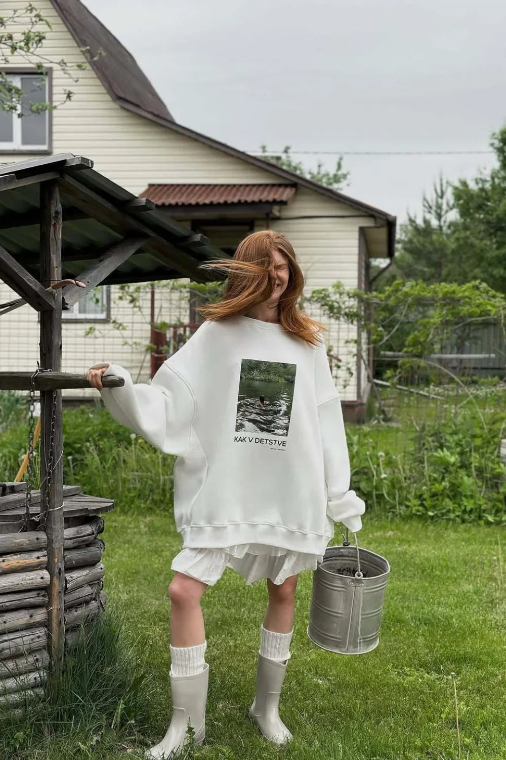 Printed White Loose Casual Crew Neck Pullover Sweatshirt image 2