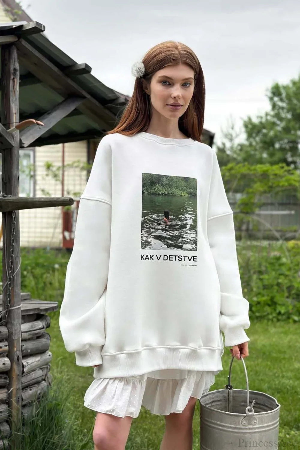 Printed White Loose Casual Crew Neck Pullover Sweatshirt image 1