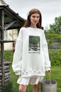 Printed White Loose Casual Crew Neck Pullover Sweatshirt image 1