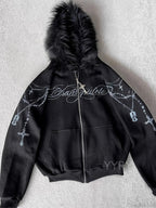 Printed Zipper Detachable Fur Hoodie image 2