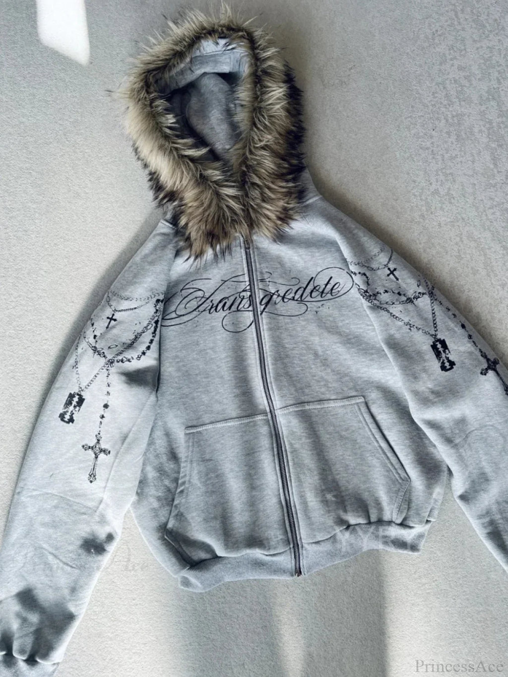 Printed Zipper Detachable Fur Hoodie image 4