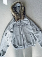 Printed Zipper Detachable Fur Hoodie image 4