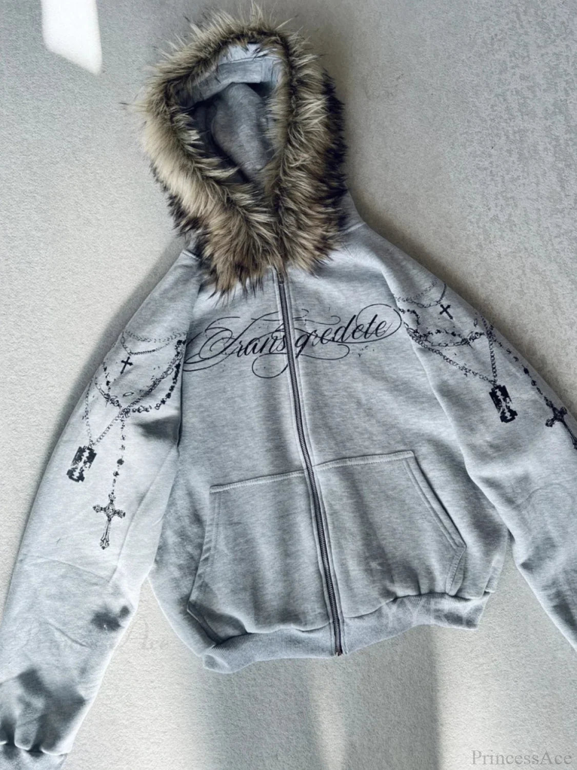 Printed Zipper Detachable Fur Hoodie image 4