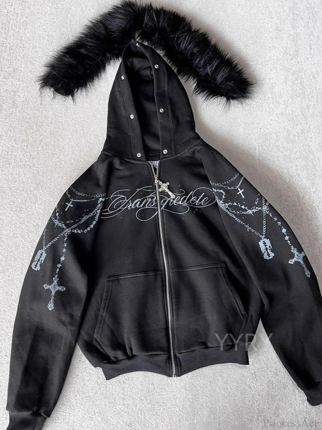 Printed Zipper Detachable Fur Hoodie image 1
