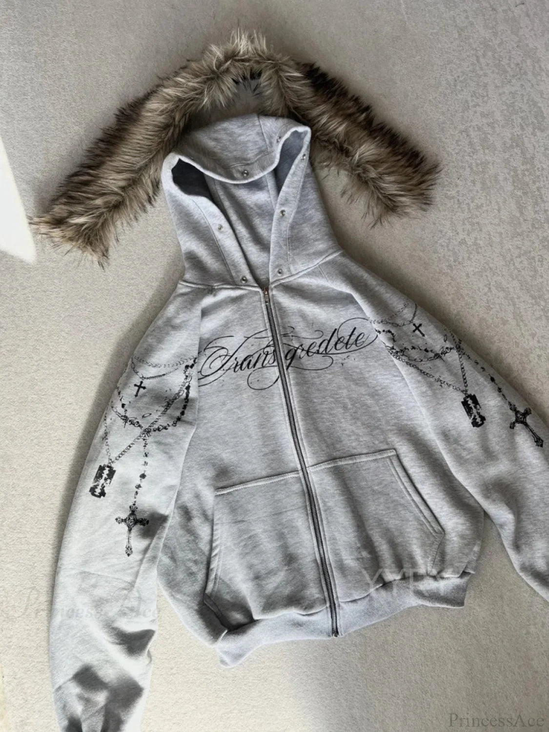 Printed Zipper Detachable Fur Hoodie image 5