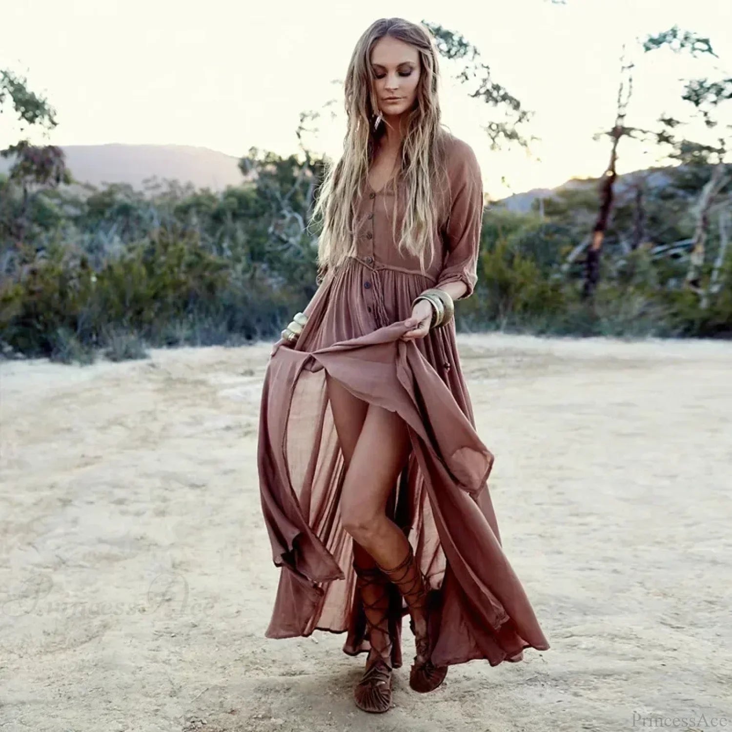 Printing Maxi Deep V Neck Stretch Boho Dress image 1