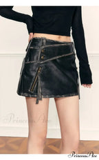 PU Leather High Waist A-Line Trendy Zipper Design Belted Mini Skirt image 3