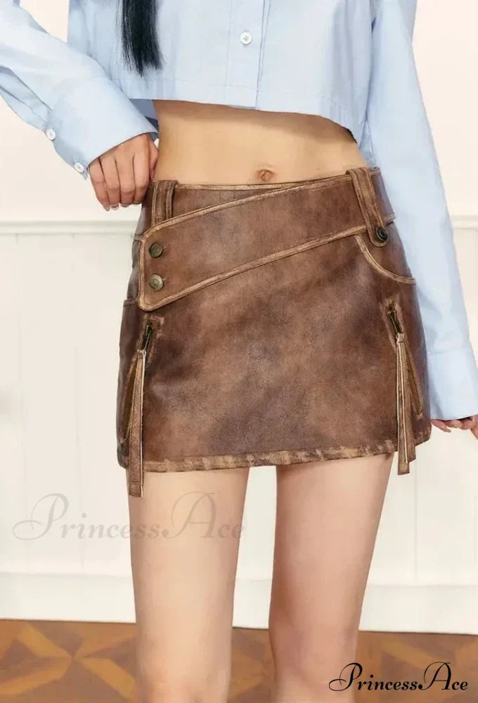 PU Leather High Waist A-Line Trendy Zipper Design Belted Mini Skirt image 14