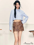 PU Leather High Waist A-Line Trendy Zipper Design Belted Mini Skirt image 12