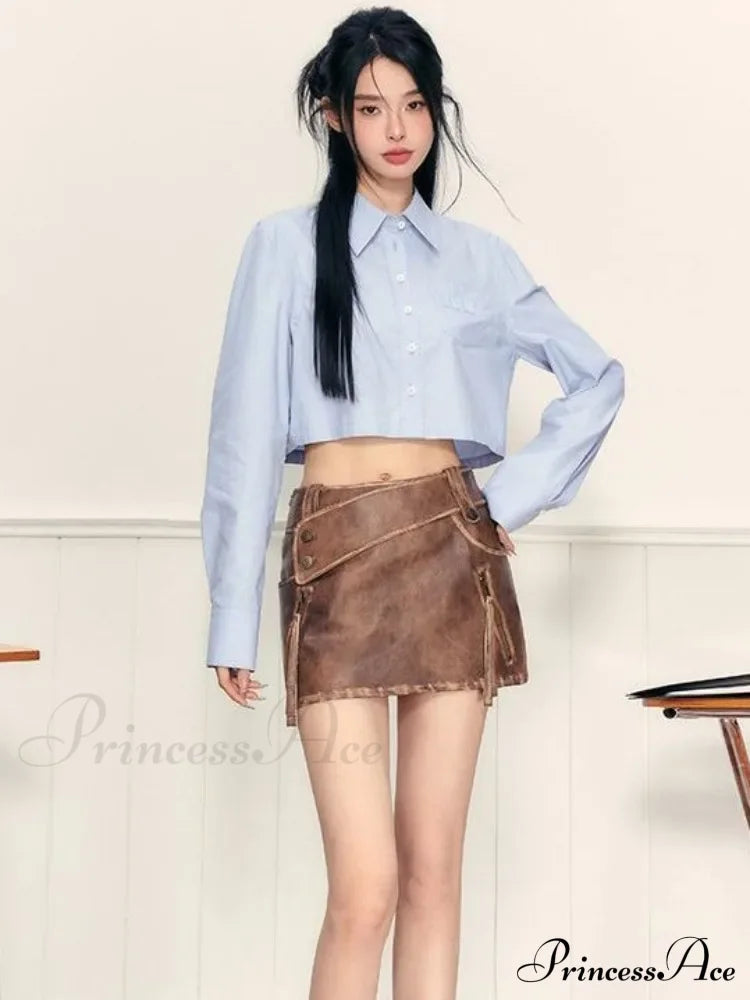 PU Leather High Waist A-Line Trendy Zipper Design Belted Mini Skirt image 12