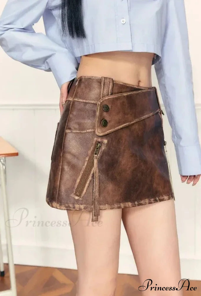 PU Leather High Waist A-Line Trendy Zipper Design Belted Mini Skirt image 10