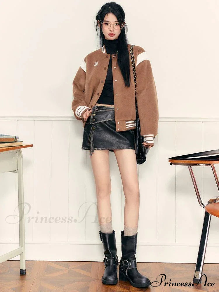 PU Leather High Waist A-Line Trendy Zipper Design Belted Mini Skirt image 6