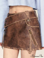 PU Leather High Waist A-Line Trendy Zipper Design Belted Mini Skirt image 11