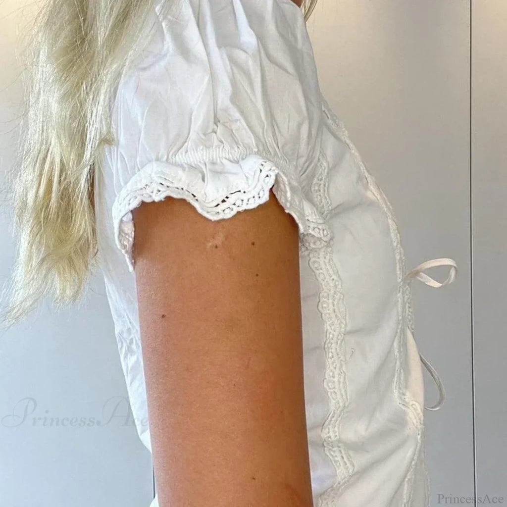 Puff Sleeve Lace Trim Front Tie Crop Top image 4