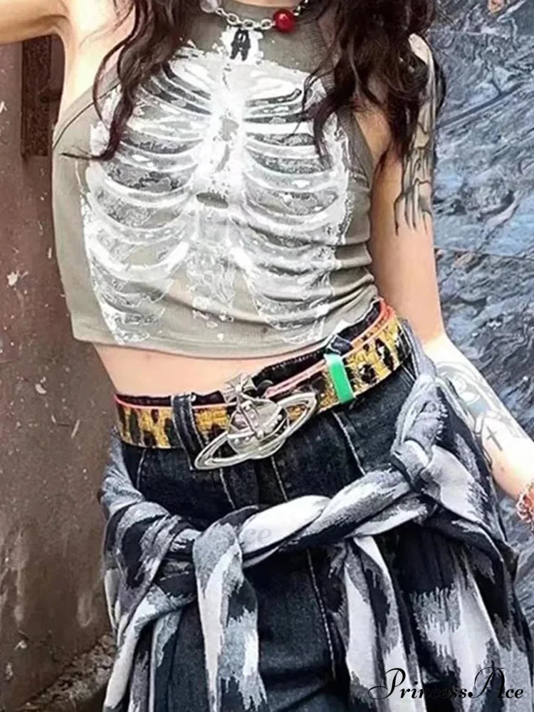 Punk Aesthetic Cyber Retro X-ray Skeleton Print Sleeveless Vest ArmyGreen Crop Designer Clothes Women Summer Emo Tank top image 4