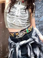 Punk Aesthetic Cyber Retro X-ray Skeleton Print Sleeveless Vest ArmyGreen Crop Designer Clothes Women Summer Emo Tank top image 4