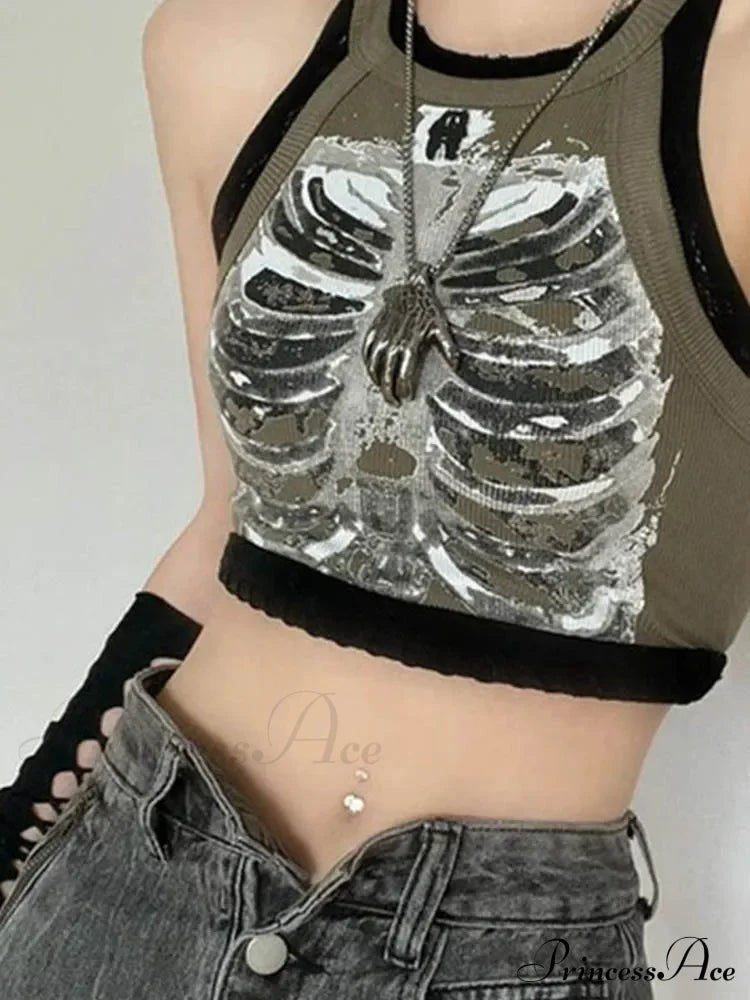 Punk Aesthetic Cyber Retro X-ray Skeleton Print Sleeveless Vest ArmyGreen Crop Designer Clothes Women Summer Emo Tank top image 1