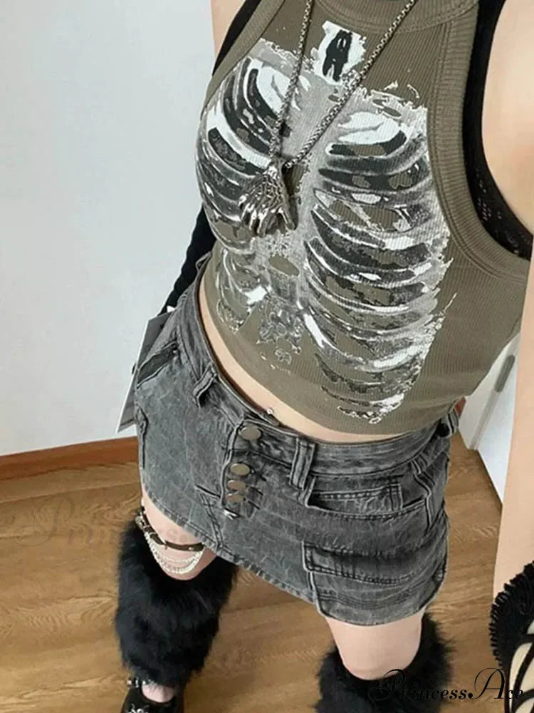 Punk Aesthetic Cyber Retro X-ray Skeleton Print Sleeveless Vest ArmyGreen Crop Designer Clothes Women Summer Emo Tank top image 2