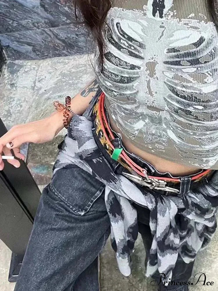Punk Aesthetic Cyber Retro X-ray Skeleton Print Sleeveless Vest ArmyGreen Crop Designer Clothes Women Summer Emo Tank top image 6