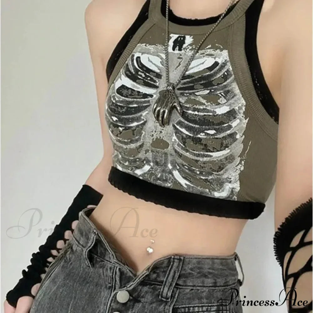 Punk Aesthetic Cyber Retro X-ray Skeleton Print Sleeveless Vest ArmyGreen Crop Designer Clothes Women Summer Emo Tank top image 7