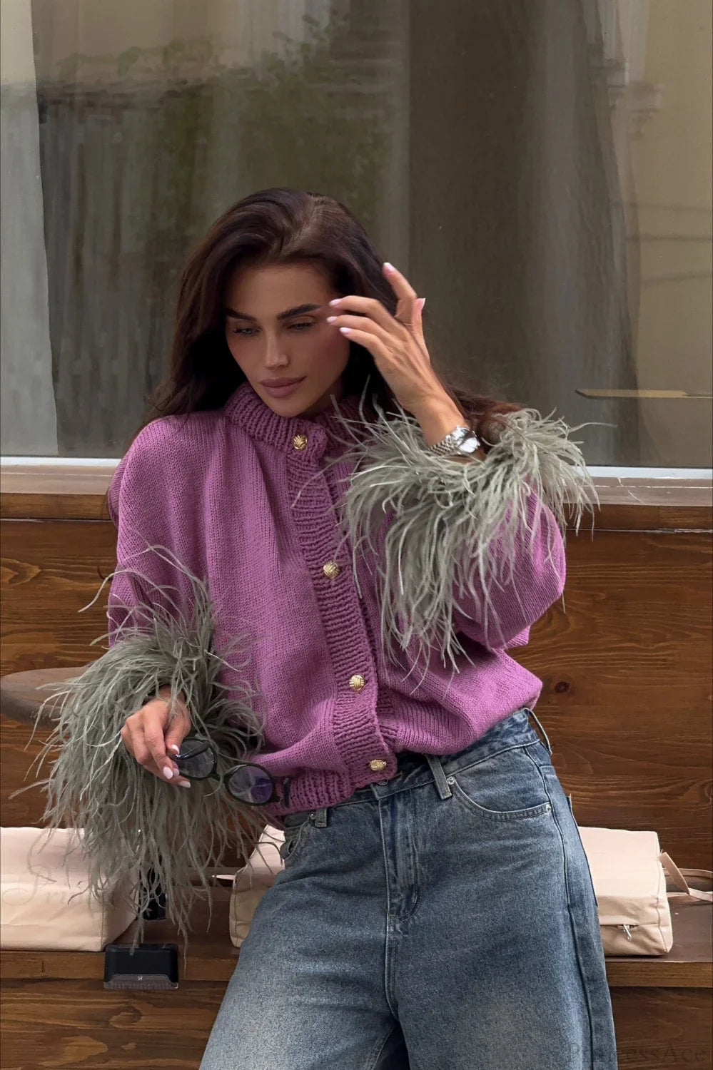 Purple Cropped Fuzzy Cuff Paneled Sweater image 3