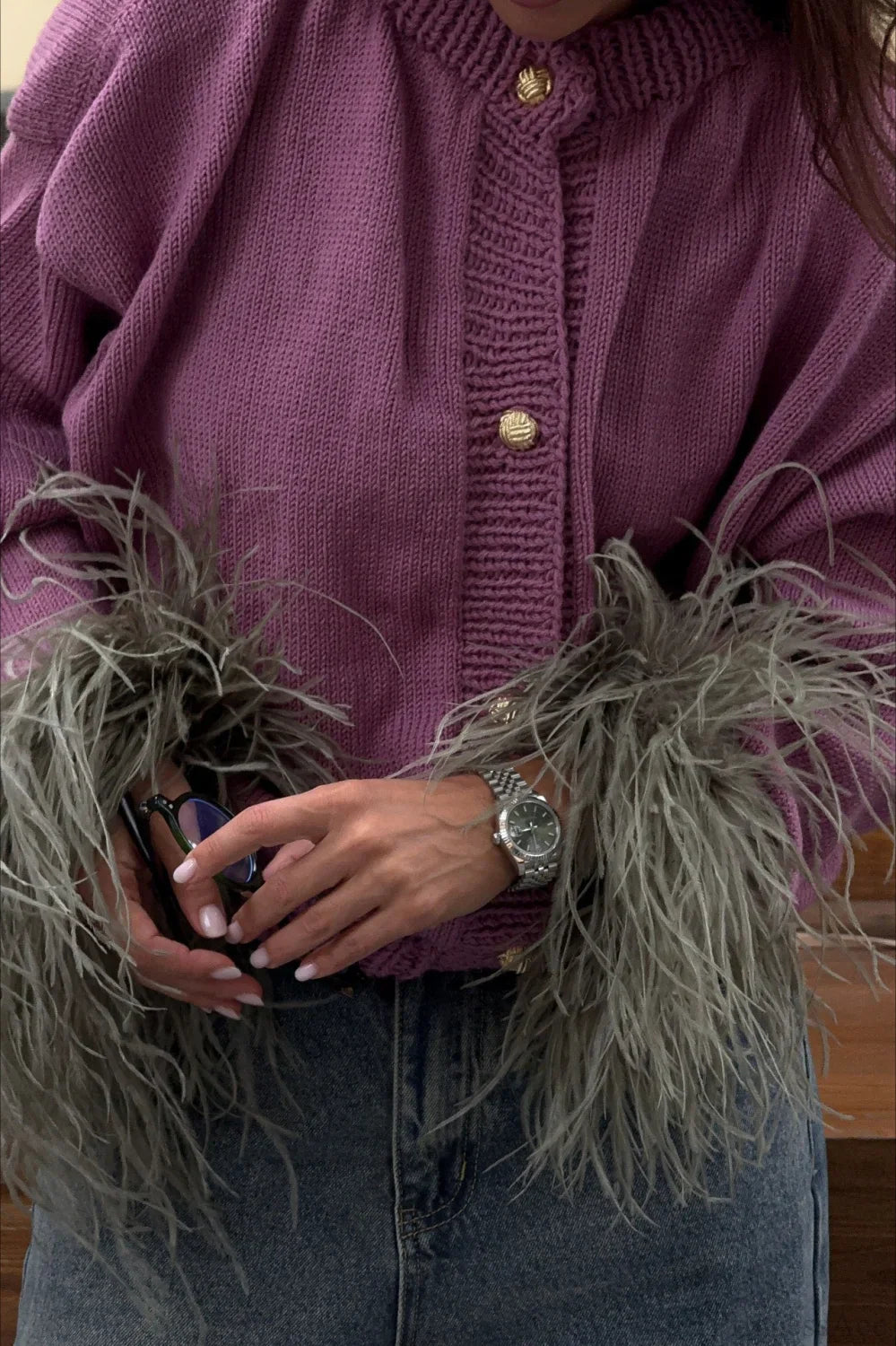 Purple Cropped Fuzzy Cuff Paneled Sweater image 4