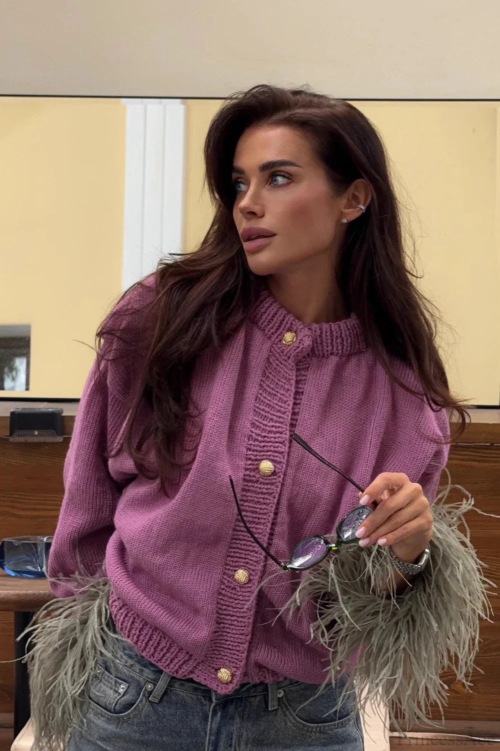 Purple Cropped Fuzzy Cuff Paneled Sweater image 2