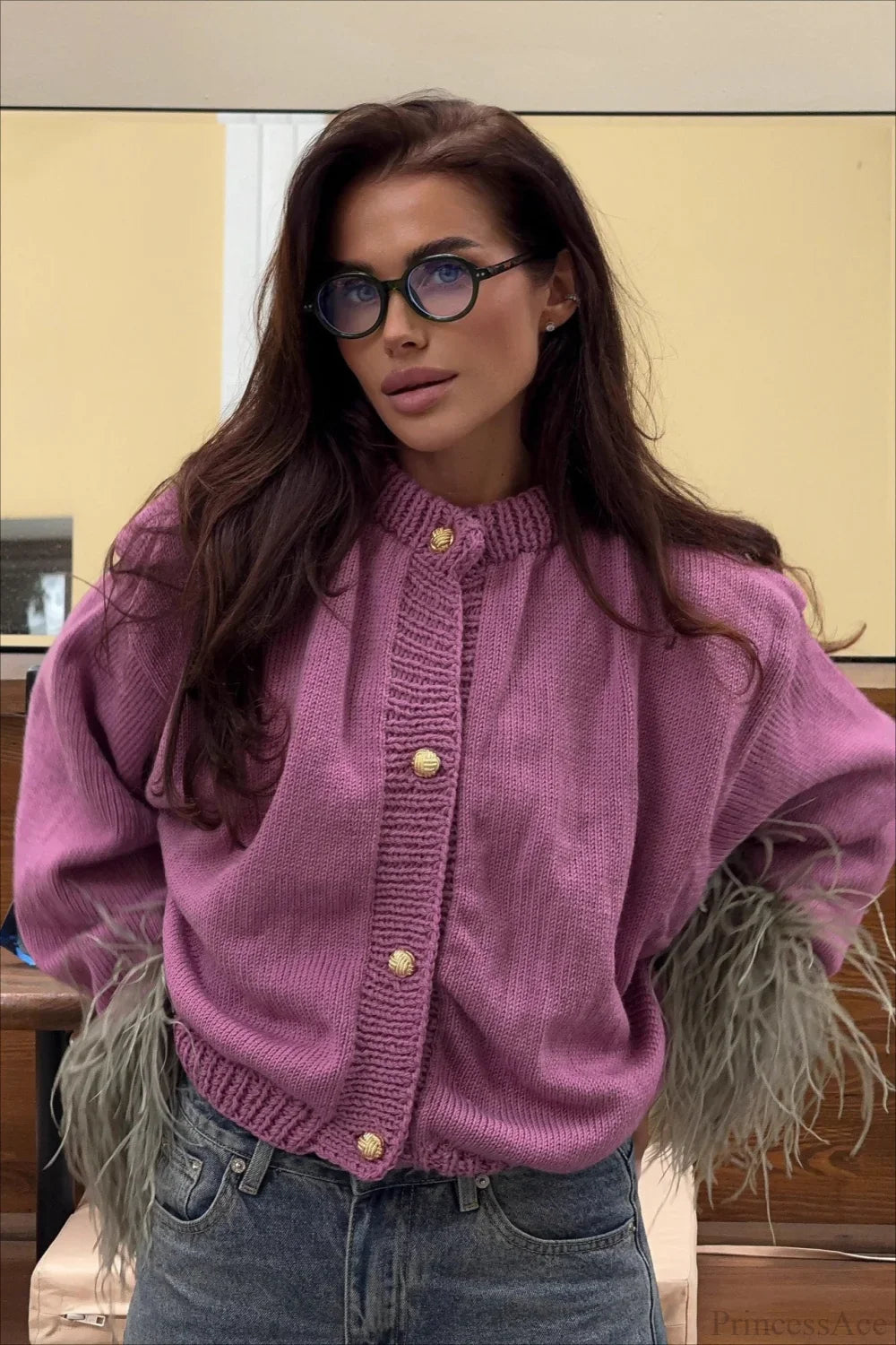 Purple Cropped Fuzzy Cuff Paneled Sweater image 1