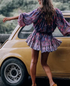 Purple Floral Elastic Waist Long Sleeve Mini Boho Dress image 2