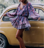 Purple Floral Elastic Waist Long Sleeve Mini Boho Dress image 1