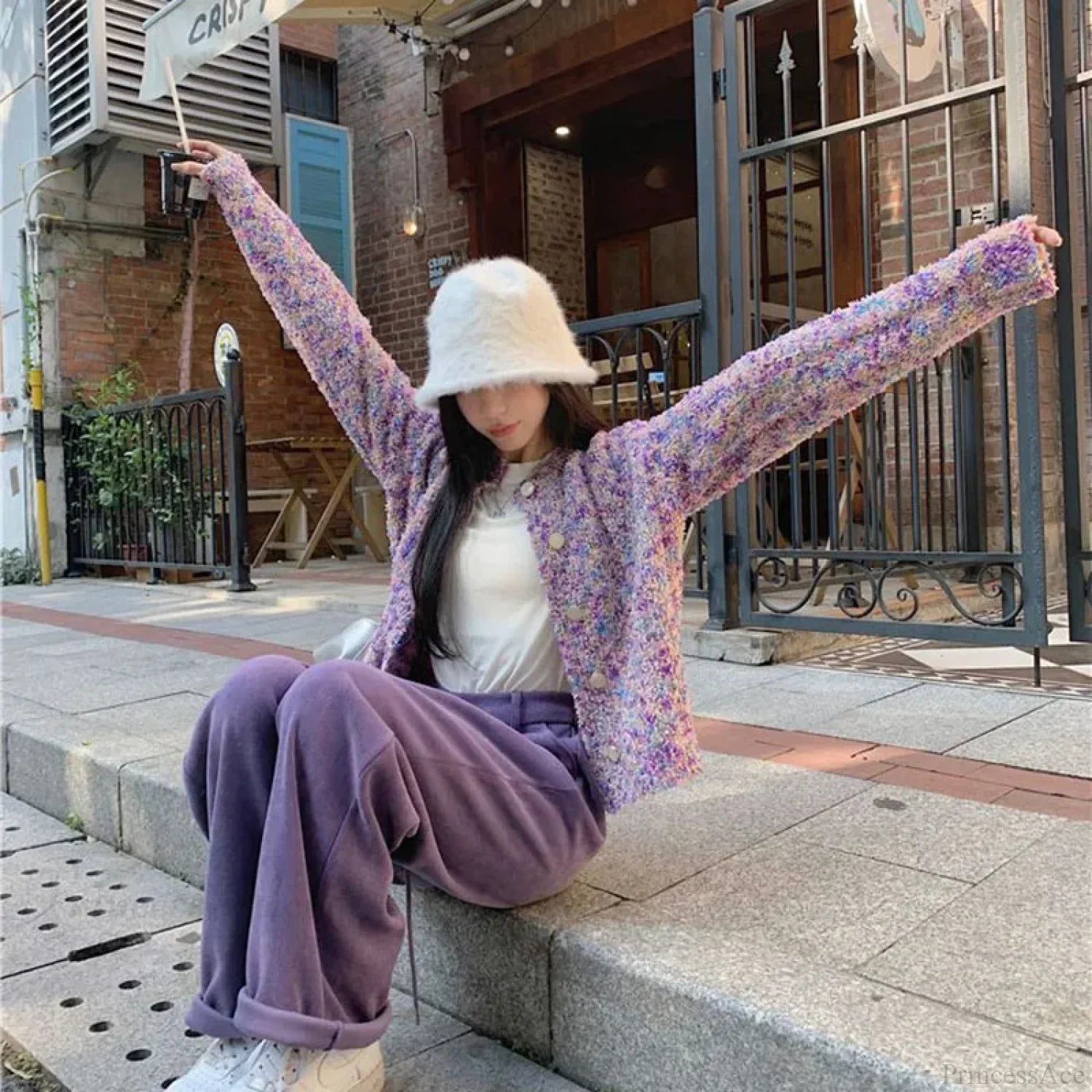 Purple Floral Lazy Wind Loose Knit Cardigan image 2