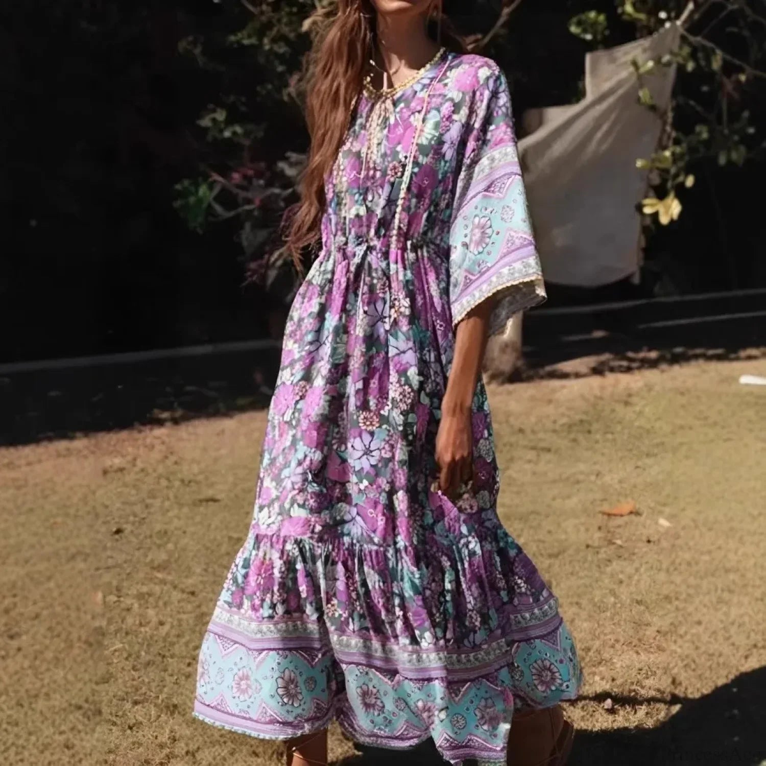 Purple Floral Print Batwing Sleeve Maxi Boho Dress image 1