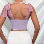 Purple Lace Bow Shoulder Strap Fishbone Crop Top image 2