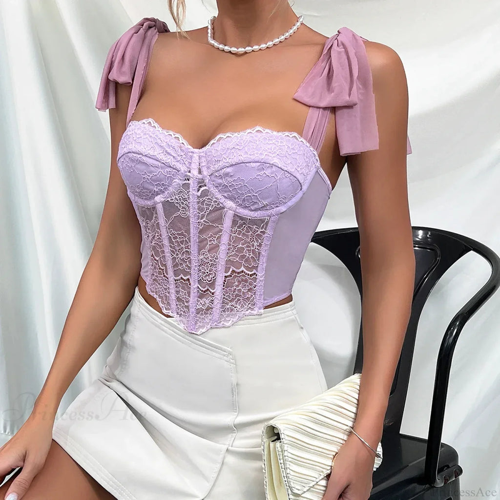 Purple Lace Bow Shoulder Strap Fishbone Crop Top image 3